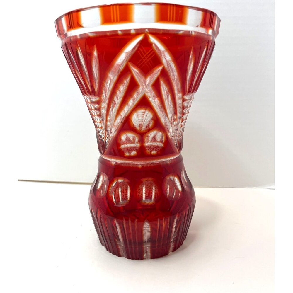 Ruby Red Cranberry Heavy Large Cut Crystal Vase Made in Brazil 8 1/2"